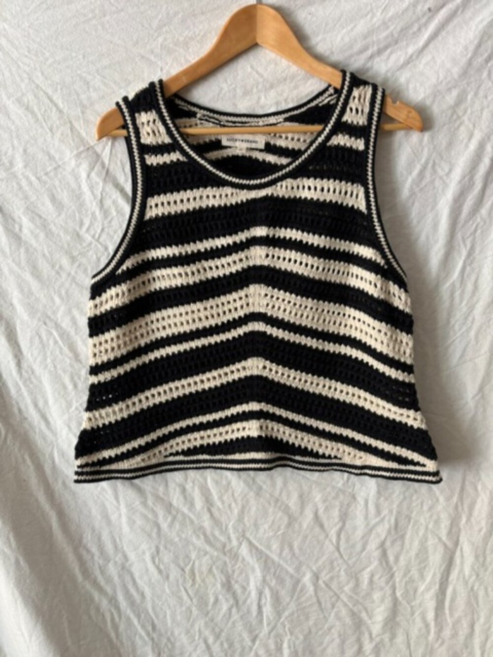 Lucky Brand L Large Crochet Tank Black Cream Chevron Stripe Coastal Vintage